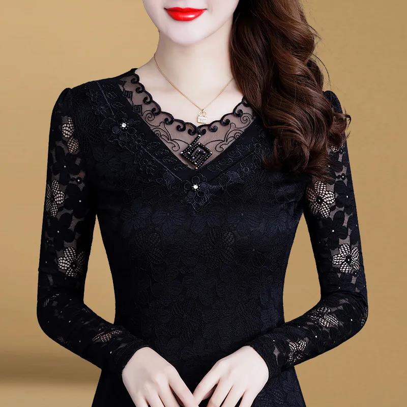 High-End Base Layer Shirt for Women, Stylish and Fashionable New Lace Mesh Top for Autumn and Winter, Fleece-Lined and Thickened Long-Sleeve T-Shirt