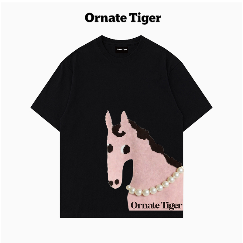 New Ornate Tiger Color-Block Trendy Brand Printed Short-Sleeve T-Shirt for Men and Women, Pure Cotton Couple Tops