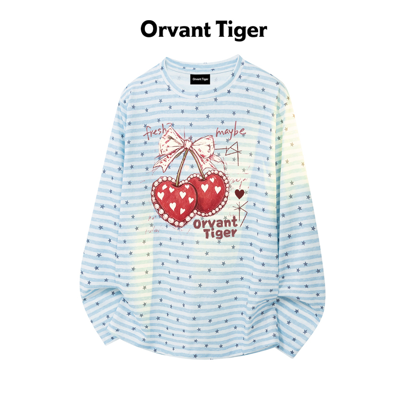 Orvant Tiger Retro Cherry Heart Long-Sleeved T-Shirt with All-Over Small Star Print, Loose Fit, Thin Base Layer Shirt