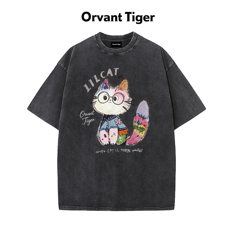 New Orvant Tiger Washed Black Glasses Cat Short-Sleeve Korean Retro Vintage Sweet Cool Cartoon Loose T-Shirt