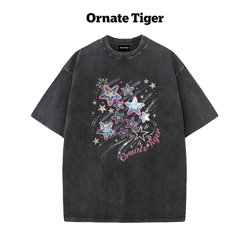 New Ornate Tiger Korean Version ins American Retro Washed Black Short-Sleeved T-Shirt with Age-Reducing Childlike Print Top