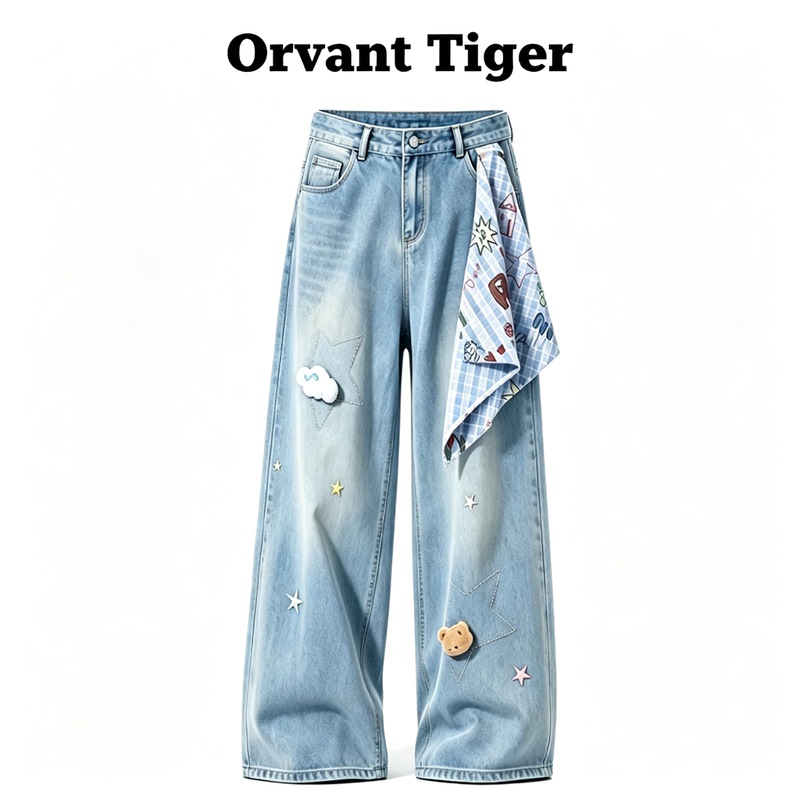 New Orvant Tiger Straight-Leg Autumn Age-Reducing Star-Embroidered Jeans for Women, Casual Slimming Versatile Long Pants
