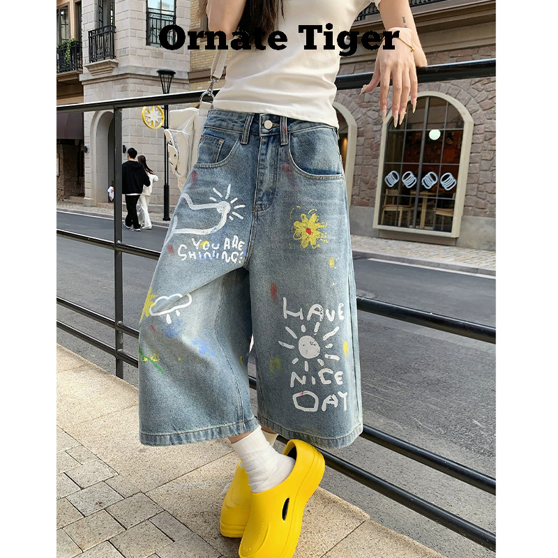 New Ornate Tiger Summer American Retro Hand-Painted Graffiti Denim Capri Pants Slimming and Body-Covering Casual Pants