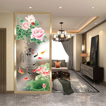 Modern Chinese style ultra-white art glass tempered screen entrance background wall shoe cabinet living room aisle partition peony fish