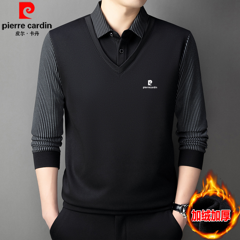 Pierre Cardin Genuine Long-Sleeved T-Shirt for Men, Casual Fake Two-Piece Shirt with Collar, Polo Shirt with Fleece Lining for Warmth, Base Layer Shirt