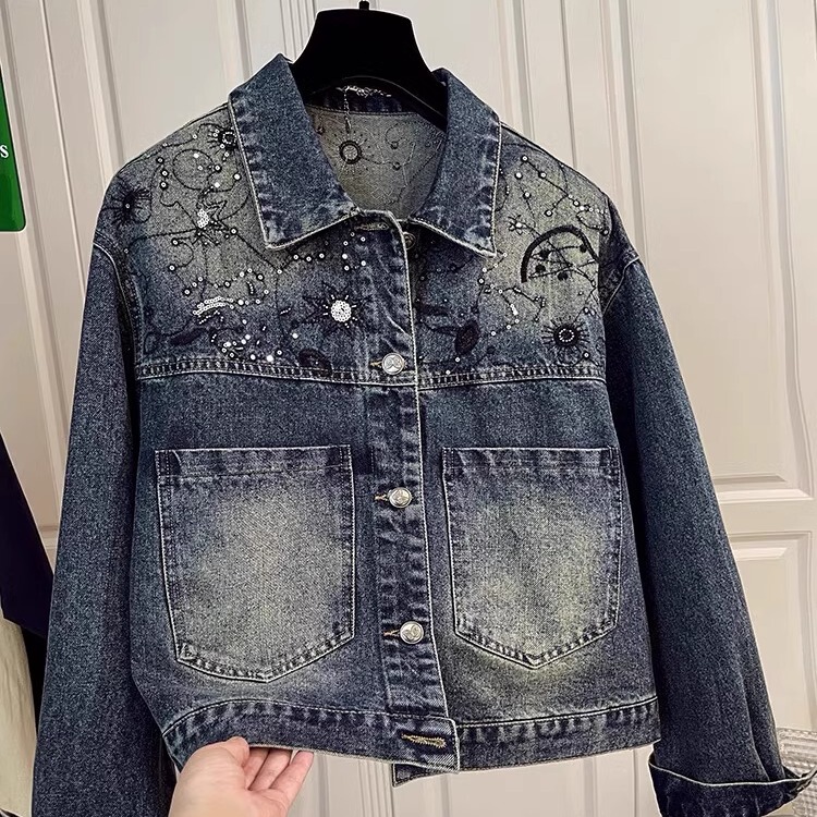Chinese-Style Rhinestone-Embellished Denim Jacket for Petite Women, Early Spring and Autumn, Heavy Embroidery and Print Workwear Jacket, Trendy Top