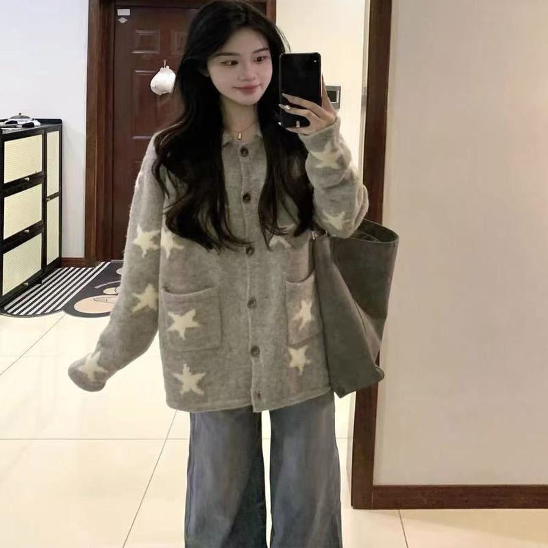 Unique Star Jacquard Knit Cardigan for Petite Women, New Spring, Autumn, and Winter Five-Pointed Star Long-Sleeve Sweater Jacket Unique Star Jacquard Knit Cardigan for Petite Women, New Spring, Autumn, and Winter Five-Pointed Star Long-Sleeve Sweater Jacket