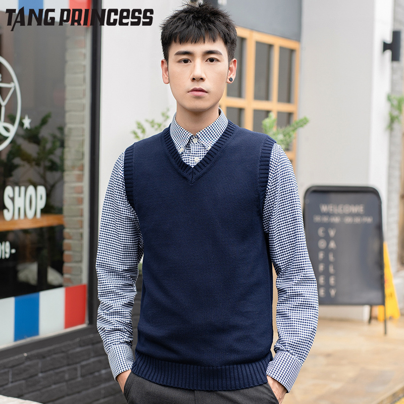 Sleeveless Knitted Vest Men's Sweater Vest V-Neck Autumn and Winter Solid Color Pullover Fleece-Lined Vest Cotton Knit Base Shirt
