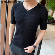 người đàn ông nửa tay của ngắn tay áo len đầu V-cổ mới của Hàn Quốc phiên bản của xu hướng dòng áo len áo thun đáy áo len đan.