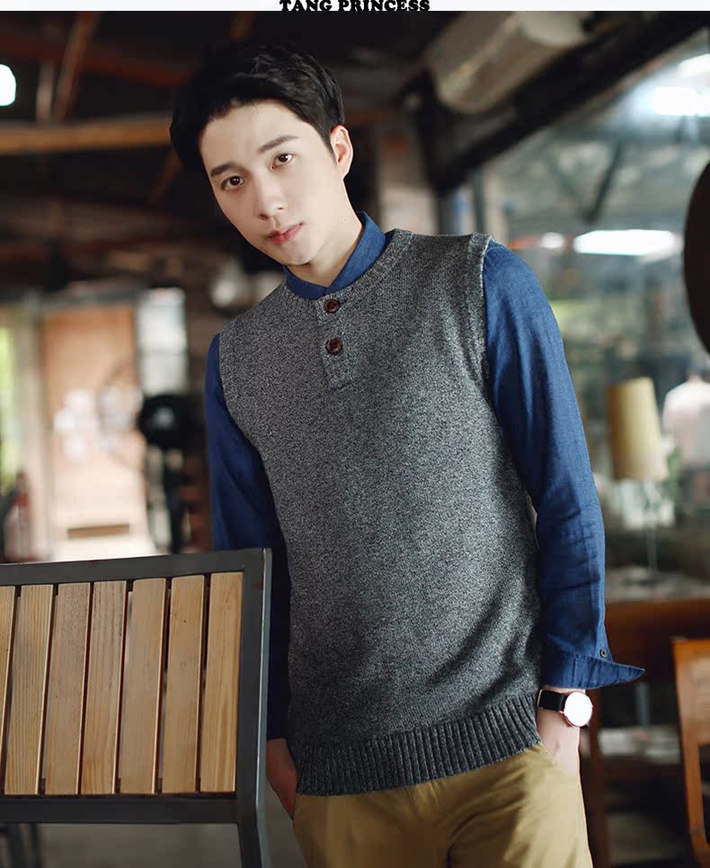 Mùa xuân và mùa thu áo len dệt kim nam Phiên bản Hàn Quốc của áo không tay nam vest vest cổ tròn nút áo len cotton vest công sở nam