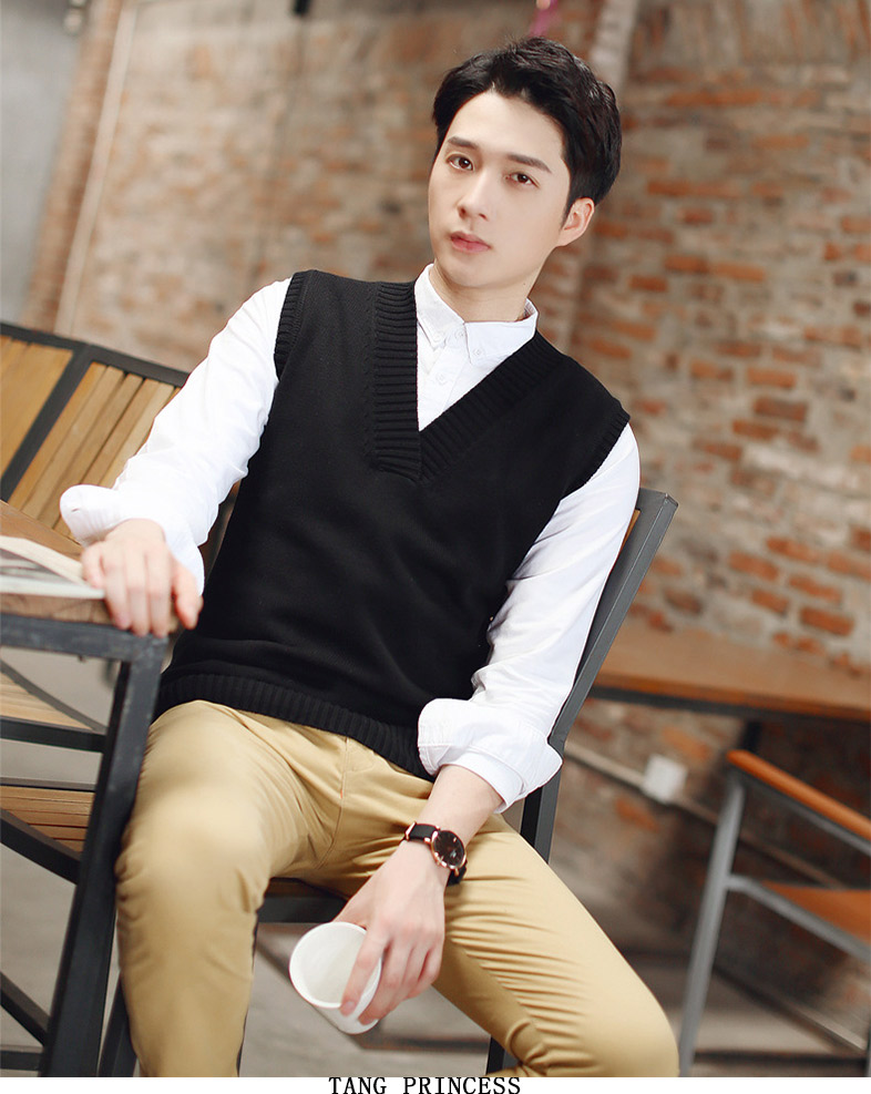 Áo len nam vest vest mùa thu nam v cổ vest đen xu hướng đẹp trai áo len len áo len không tay áo len nam cổ lọ hàn quốc