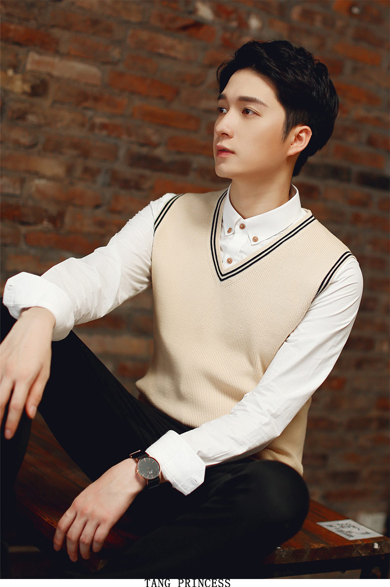 Vest nam mùa thu đan áo len vest nam thủy triều Slim len ấm áp không tay v-cổ vest vest cỡ lớn áo khoác nam giả vest