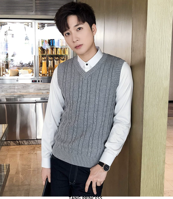 Vest nam mùa thu đông đan áo len vest cổ chữ V không tay áo cotton dày len xoắn vest cỡ lớn áo khoác thu đông