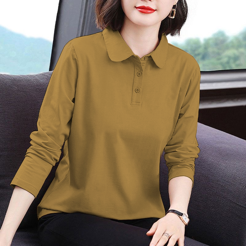 100% Pure Cotton Spring and Autumn New Style Lapel Long-Sleeved T-Shirt Polo Shirt for Middle-Aged and Elderly Women, Age-Reducing, Slimming, Versatile Women's Top