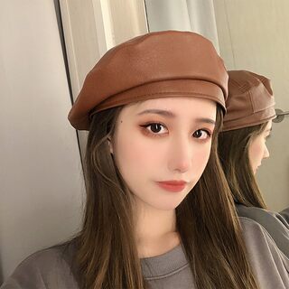 Hong Kong Bng Women's Brown Retro Beret 2024 New Leather Style That Makes the Face Look Smaller, Large Head Circumference Artist Hat