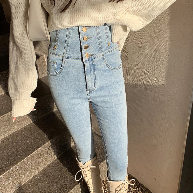 Light-colored ultra-high-waisted jeans women's 2022 spring and autumn new high-waisted elastic tight fitting boots show thin cigarette pants