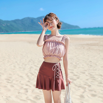 Swimsuit womens summer split thin belly cover fairy fan small chest gathered conservative 2021 new student skirt swimsuit women