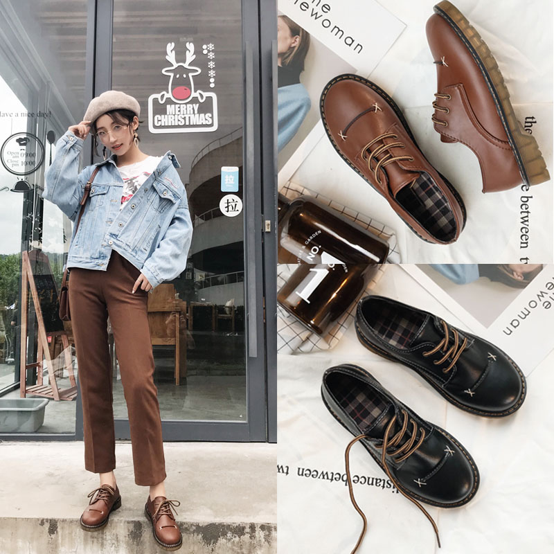 Yinglun Wind Retro Plus Suede Soft Girl Ulzzang Small Leather Shoes Women Winter College Wind Round Head Lacing Students Shoes