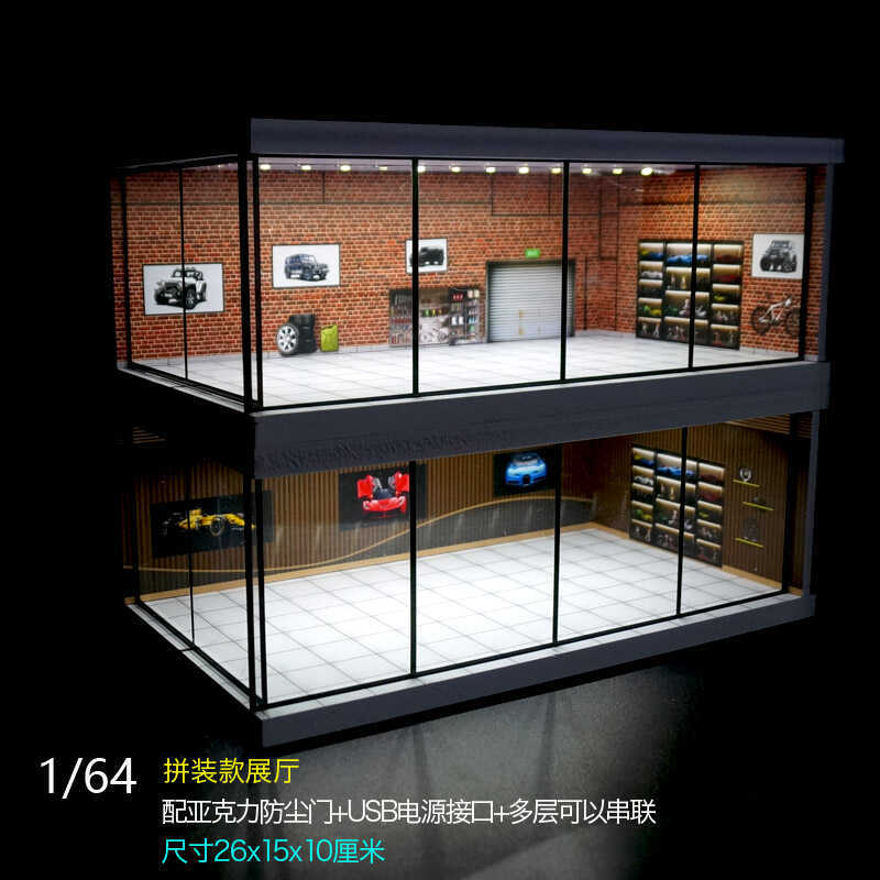 1/64 Scale Parking Lot Model with Lights, Miniature Scene, Simulated Garage, Dust-Proof Display Box, Retro Parking Scene