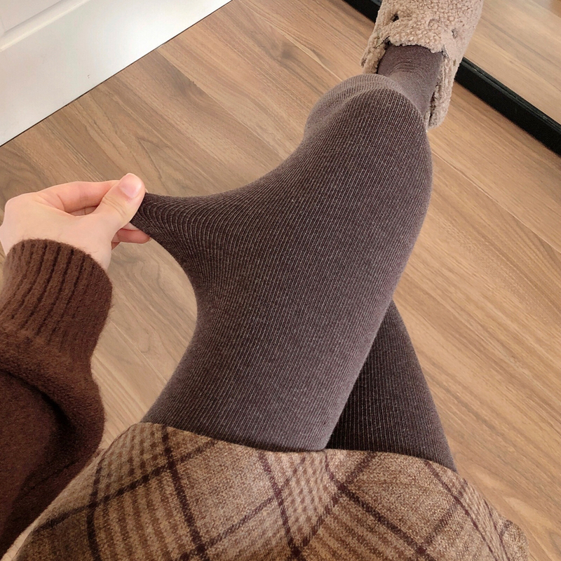 Autumn and Winter Thickened Coffee-Colored Leggings with Fleece, Smoky Gray Pantyhose for Women, Warm Dark Gray Leggings for Outerwear