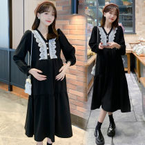 Pregnant womens autumn black dress Spring and Autumn Autumn new fashion models aged French cake skirt long