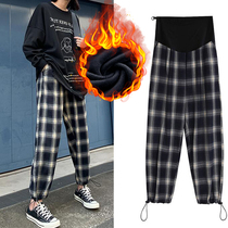 Pregnant women autumn and winter clothes Plaid father pants casual wide leg leggings pants Spring and Autumn wear autumn plus velvet thickening