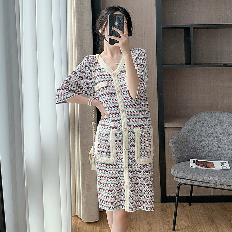 Pregnant Woman Summer Clothing Retro Knit Short Sleeves Ocean Dress Summer Thin blouses Temperament Superior Fashion Dresses Korean Version