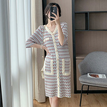 Pregnant woman Xia Fashion retro knit short sleeve one-piece dress Summer thin jacket Temperament Superior Fashion Skirt Korean version