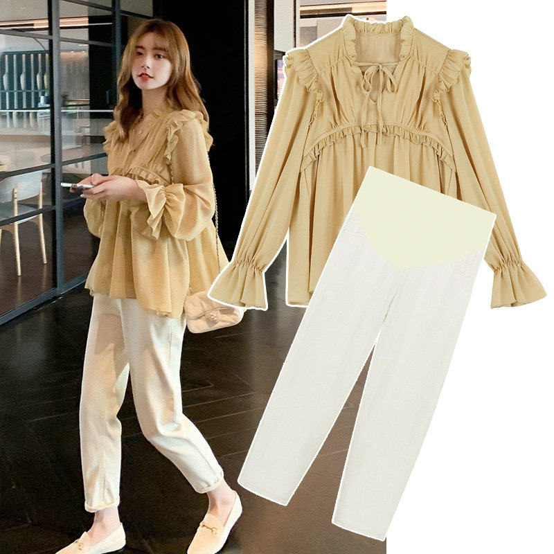 Maternity autumn clothes net red chiffon dress set fashion spring and autumn new autumn tops women's foreign two-piece set