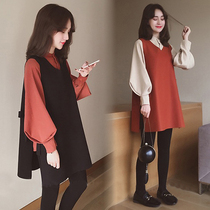 Pregnant Woman Spring Dress Dress Dress Suit Spring Autumn New Out Fashion Style Foreign Air Lantern Sleeve Shirt Machia Two Sets