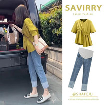 Pregnant Woman Summer Clothing Doll Sweatshirt Suit Summer Thinly Casual Foreign Air Retro Blouse Loose Jeans Two Sets Tide