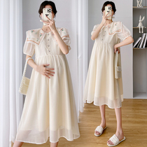 Pregnant Woman Summer Clothing Snowspun Embroidered Dress Dress Skirt Summer Thin style Fashion Double Doll Collar Short Sleeve Summer Boomer