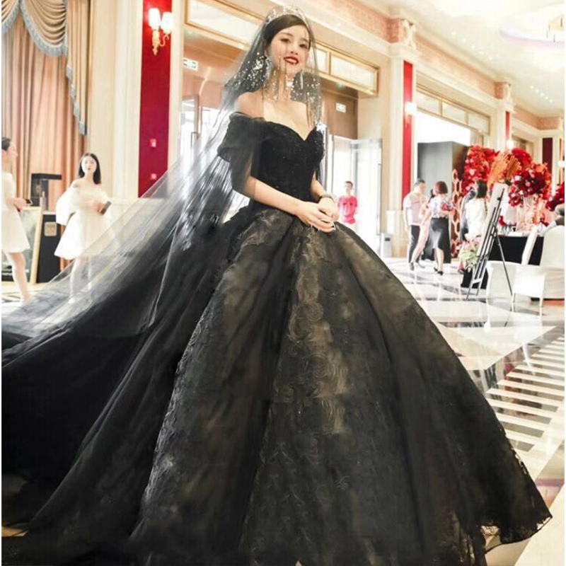 Wedding Dress 2019 New Black Wedding Dress Shoulder Long Tail