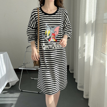 Breast-feeding maternity dress summer dress pregnant woman t-shirt dresses long style loose big code pure cotton striped dress Lazy Casual Tide