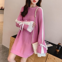 Pregnant Woman Winter Clothing Fashion Parquet Dress Color Foreign Air Dress Suit Medium Long Pregnant Woman Blouse Jacket Autumn Winter Thickened Sweater