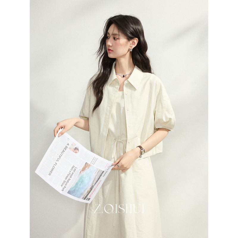 Zhangqishui 2026 Summer New French-Style Loose Suspender Dress with Puff Short-Sleeve Shirt Two-Piece Set for Women