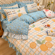 Han Style Young Girl Hearts Pure Cotton Four Sets Spring Full Cotton Linen Quilt Princess Wind Cartoon Dormitory Three Sets 4