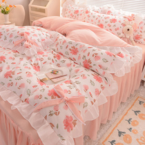 Han Style Fields Garden Wind Bed Linen Bed Skirt Four Pieces Thicken All Cotton Pure Cotton Lace Bedcover Bed Hood Teenage Girl Heart Princess Wind