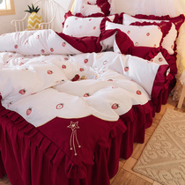 Han Style Bed Skirt Four Pieces All Cotton Pure Cotton Lotus Leaf Side Double Quilt Cover Bed Cover 1 5 1 8m Non-slip Bedsheet Quilt Cover