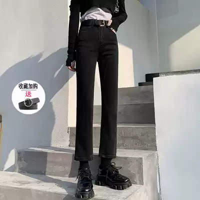 High waist straight tube plus velvet jeans women's loose thin cigarette tube pants chic autumn and winter 2021 new small tide