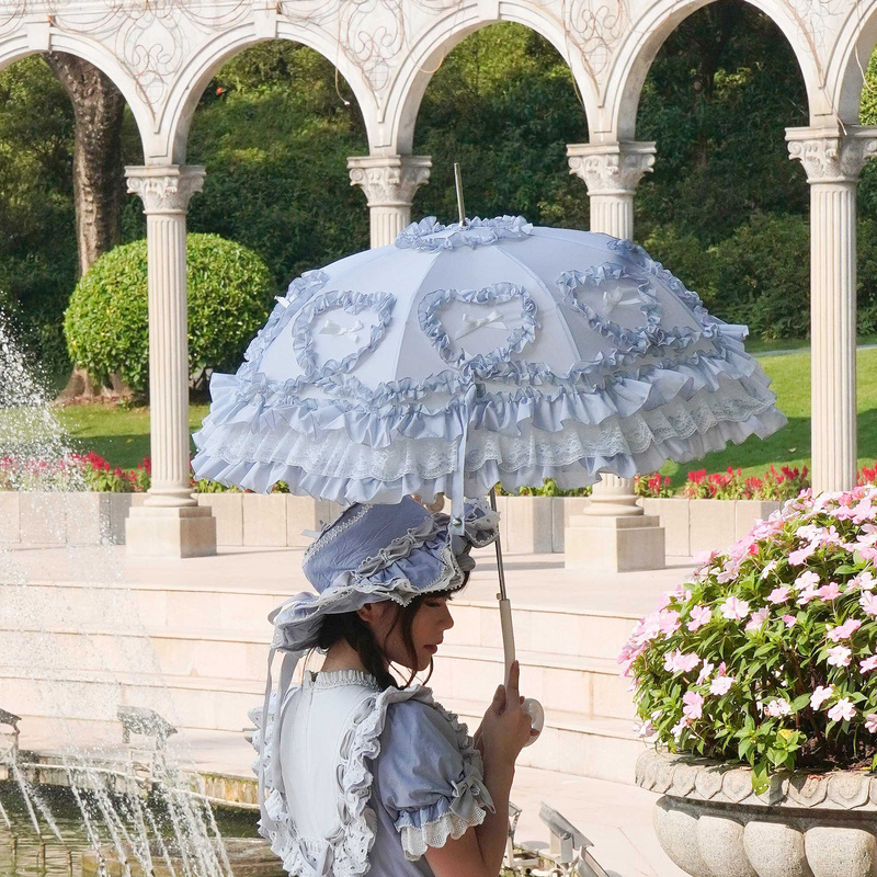 Heartbeat Love Lolita Sunscreen Umbrella, Princess Umbrella with Color-Blocked Lace, Straight Handle Birdcage Lolita Umbrella