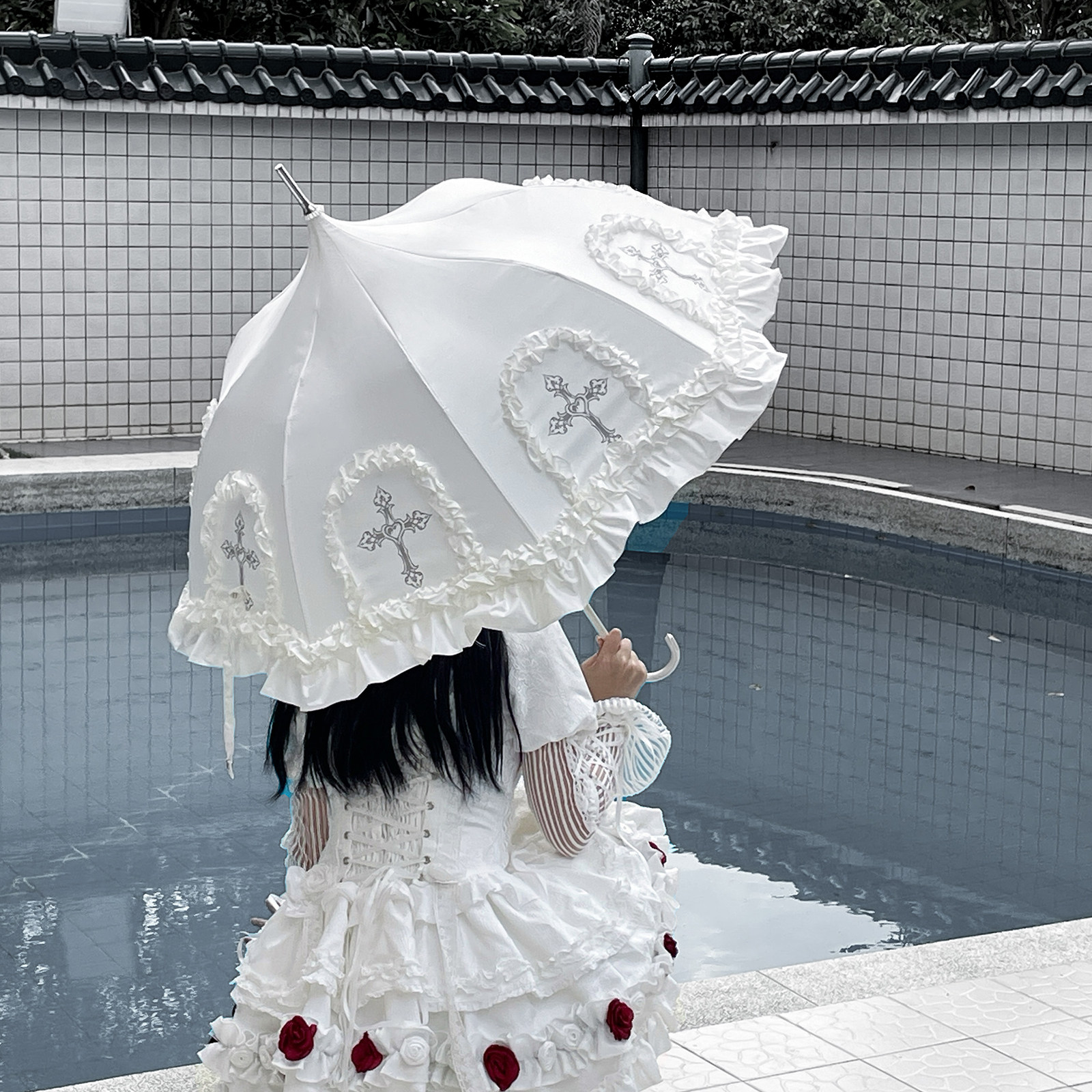 【Contract Cross】Original Dark Gothic Style Lolita Pagoda Umbrella Sunscreen Umbrella Black Vinyl Sun and Rain Umbrella