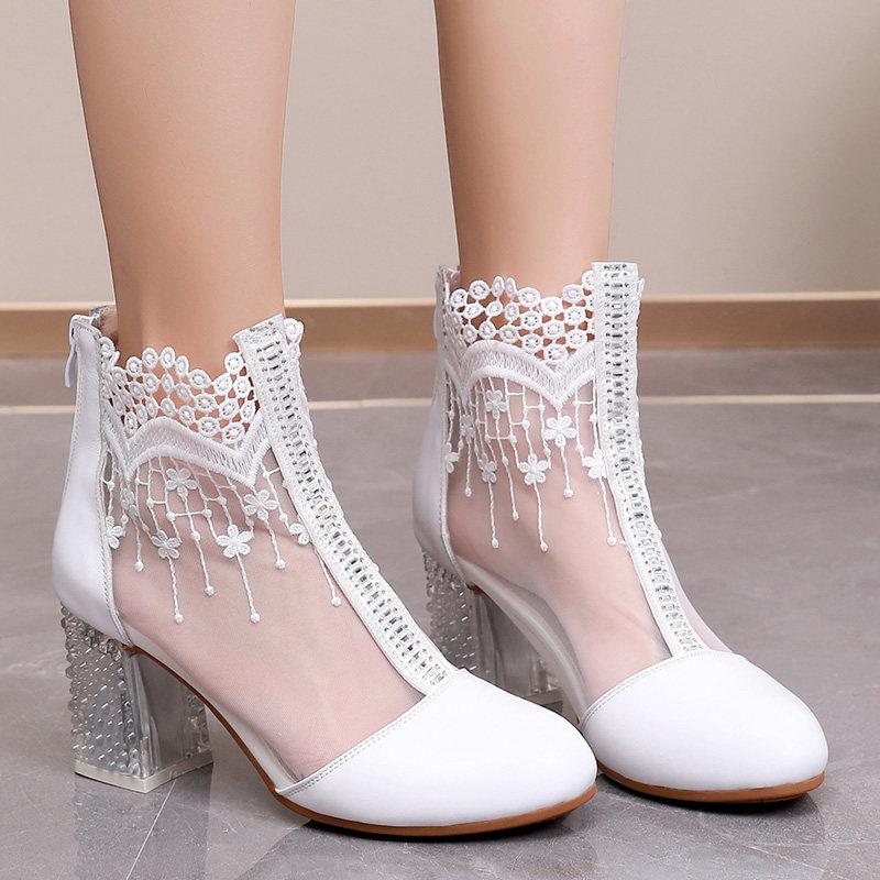 Slim Slim Cool Boots Hollowed-out Short Boots Genuine Leather Spring Autumn 2022 New Coarse Heel Mesh Yarn High Heel Shoes Big Size Women Shoes 40-42