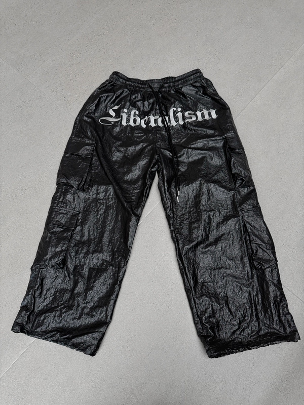 Chillax777 Faux Leather Cargo Pants with Embroidery and Print, High Street American Style, Loose Straight-Leg Drawstring Pants