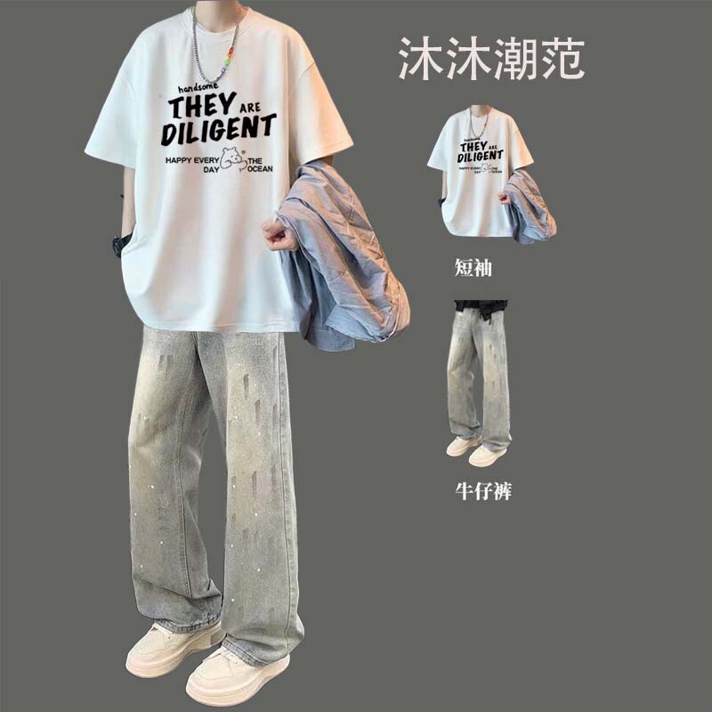 Teenage American-Style Short-Sleeved T-Shirt Boys' Outfit Set ins High Street Jeans Casual Wear Thin Two-Piece Set