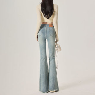 Light Blue Frayed Hem Flared Jeans for Women, 2025 Autumn New High-Waisted Slim Fit Stretchy Bootcut Pants