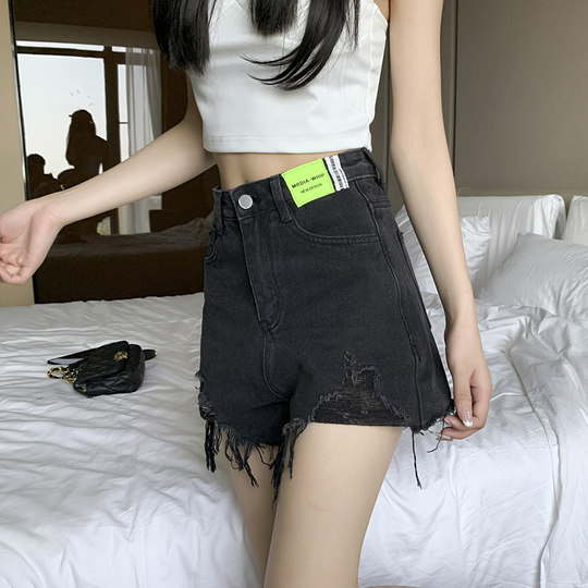 黑色牛仔短裤女毛边高腰夏季2025新款a字显瘦辣妹破洞热裤小个子
