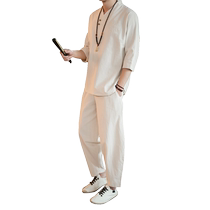 Summer Chinese style linen suit mens Hanfu retro style Taoist robe trendy brand youth ancient costume Zen suit Chinese Tang suit