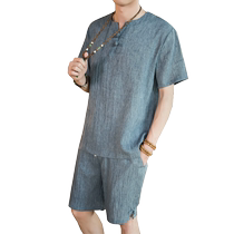 Summer Chinese style linen suit mens Hanfu retro trend brand ancient costume plate buckle youth Tang suit short-sleeved T-shirt