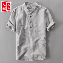 Summer linen shirt man Chinese feng Han costume retro casual purity short-sleeved cotton shirt tide